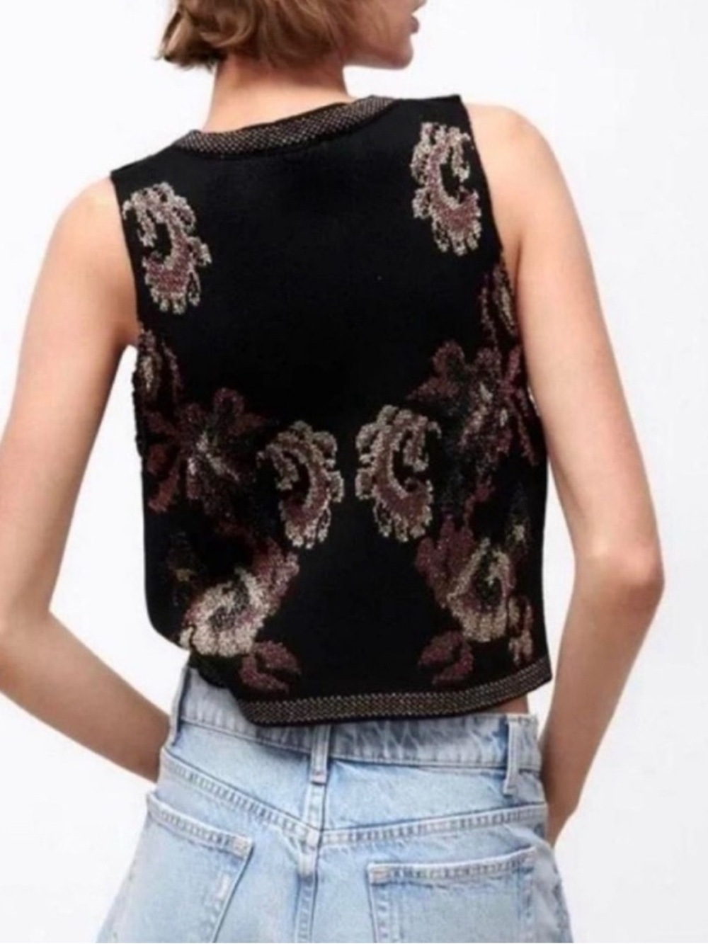 Zara Black Knit Button-Front Floral Vest with Pink and Cream Accents - Picture 9 of 9